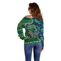 Personalised Solomon Islands Independence Day Off Shoulder Sweater Crocodile Hibiscus Tribal Pattern