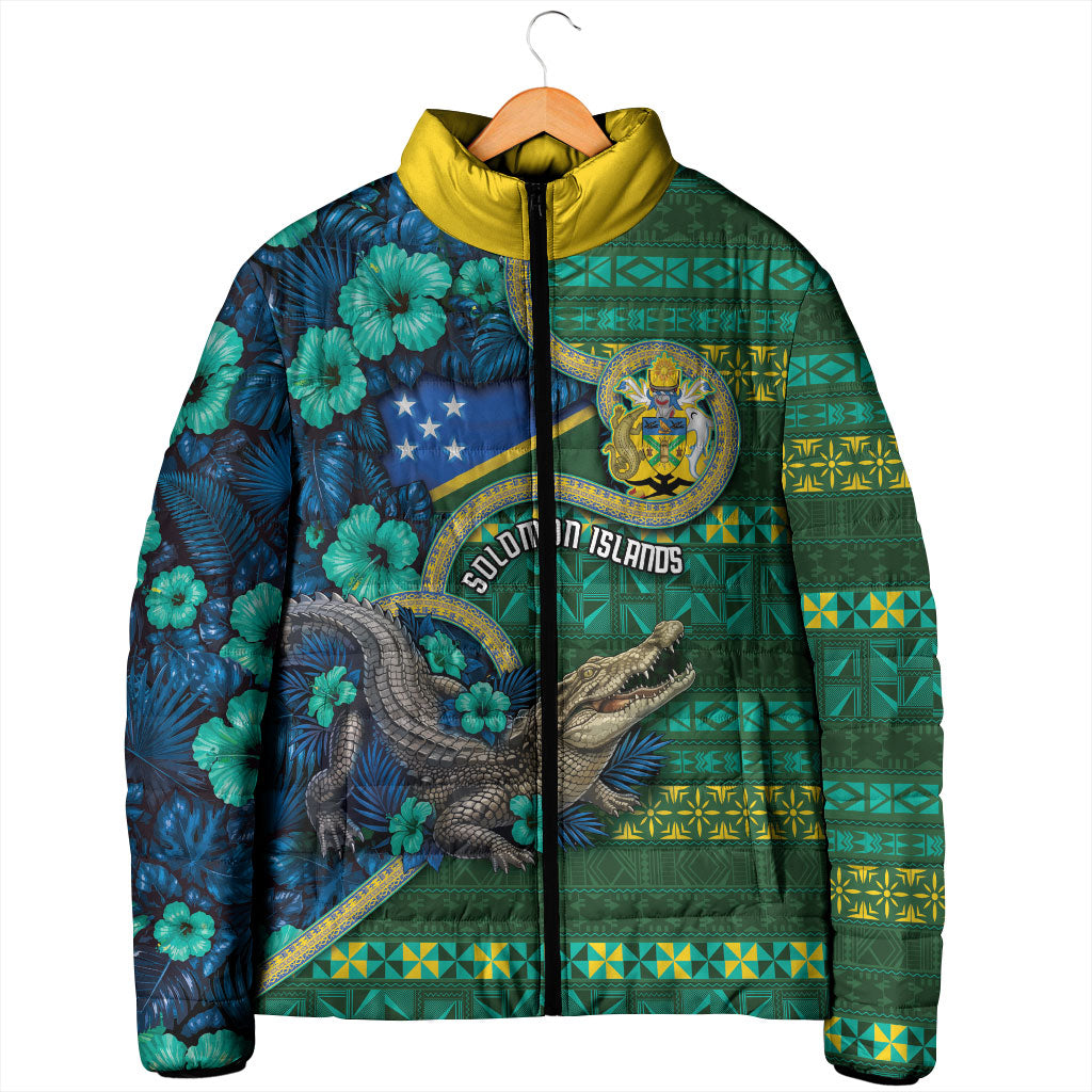 Personalised Solomon Islands Independence Day Padded Jacket Crocodile Hibiscus Tribal Pattern