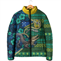 Personalised Solomon Islands Independence Day Padded Jacket Crocodile Hibiscus Tribal Pattern