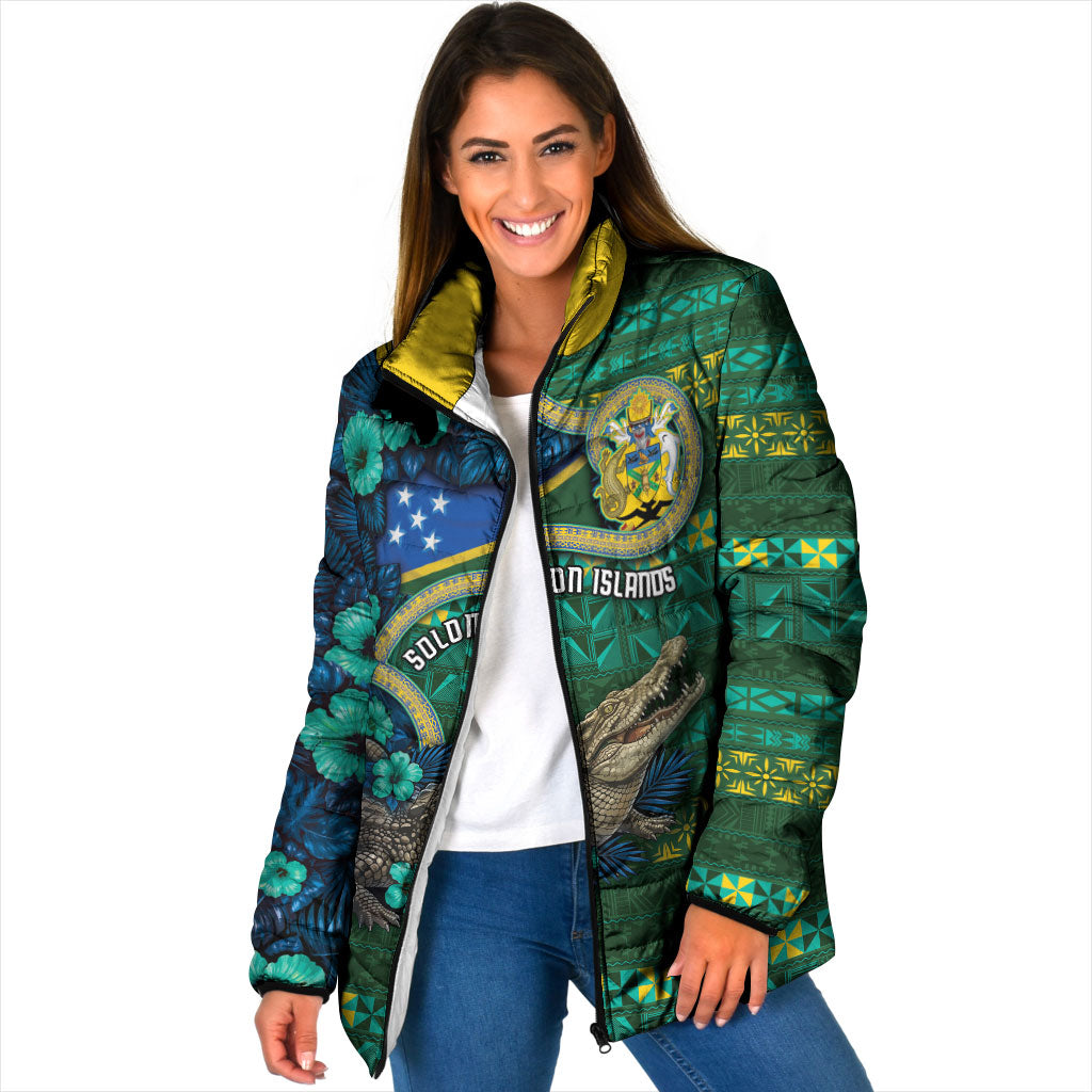 Personalised Solomon Islands Independence Day Padded Jacket Crocodile Hibiscus Tribal Pattern