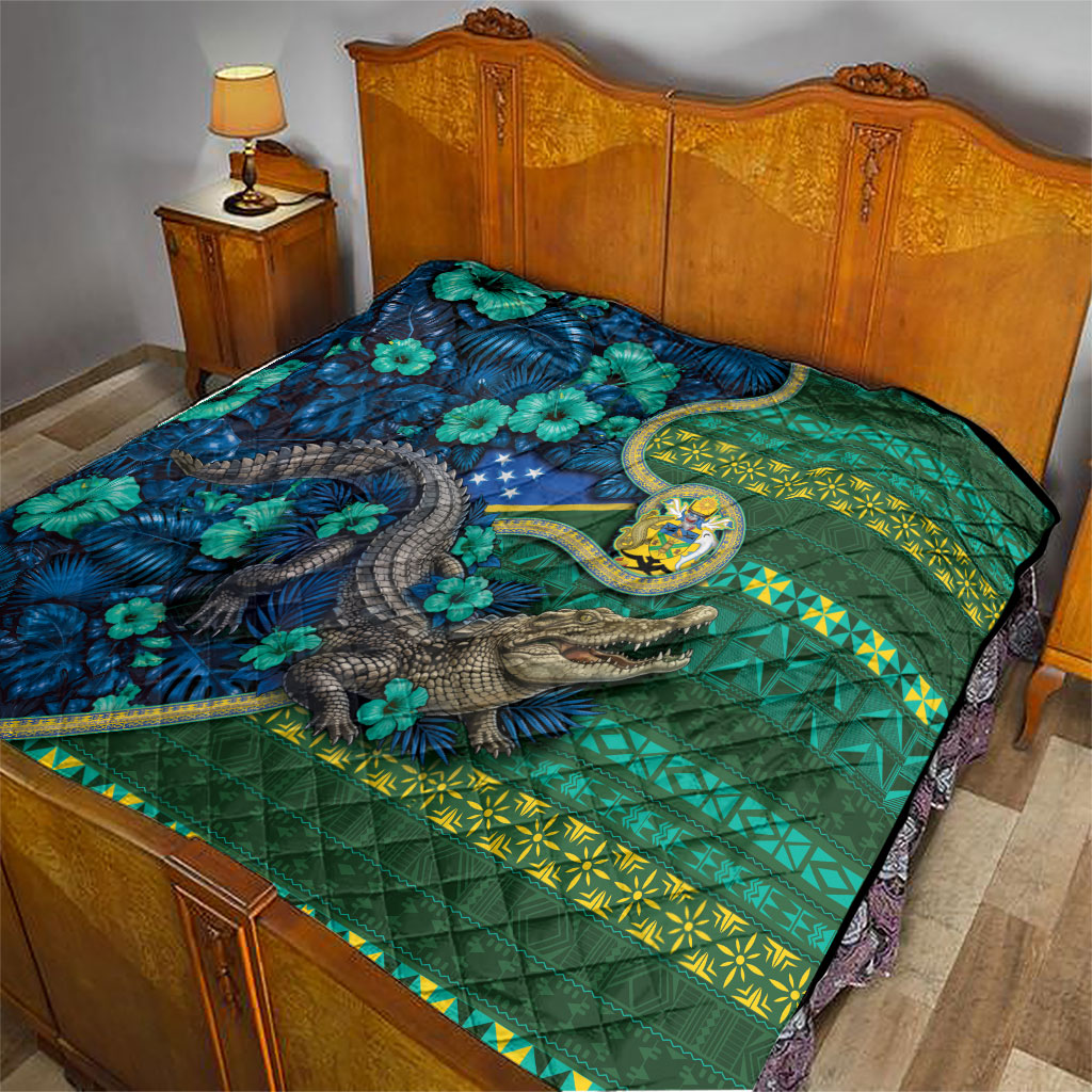 Solomon Islands Independence Day Quilt Crocodile Hibiscus Tribal Pattern