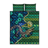 Solomon Islands Independence Day Quilt Bed Set Crocodile Hibiscus Tribal Pattern