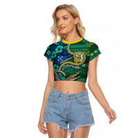 Personalised Solomon Islands Independence Day Raglan Cropped T Shirt Crocodile Hibiscus Tribal Pattern