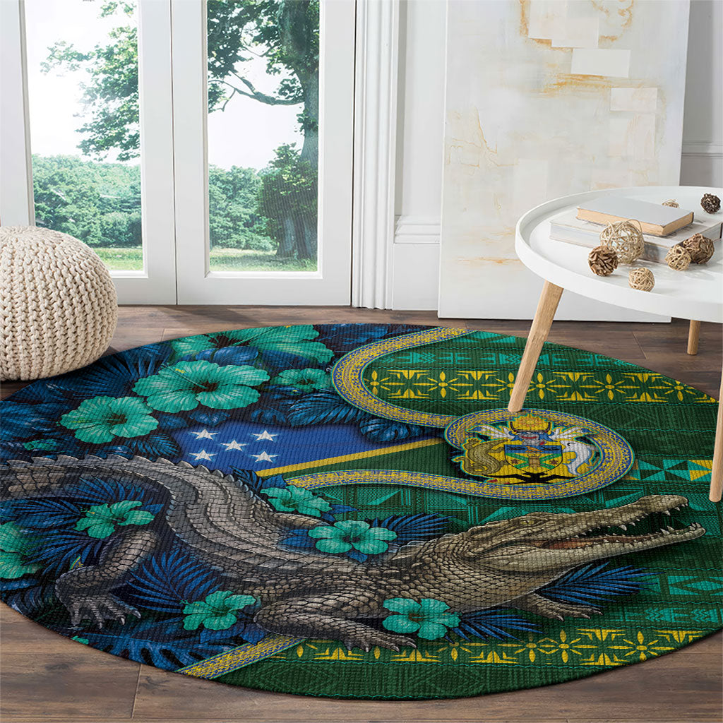 Solomon Islands Independence Day Round Carpet Crocodile Hibiscus Tribal Pattern