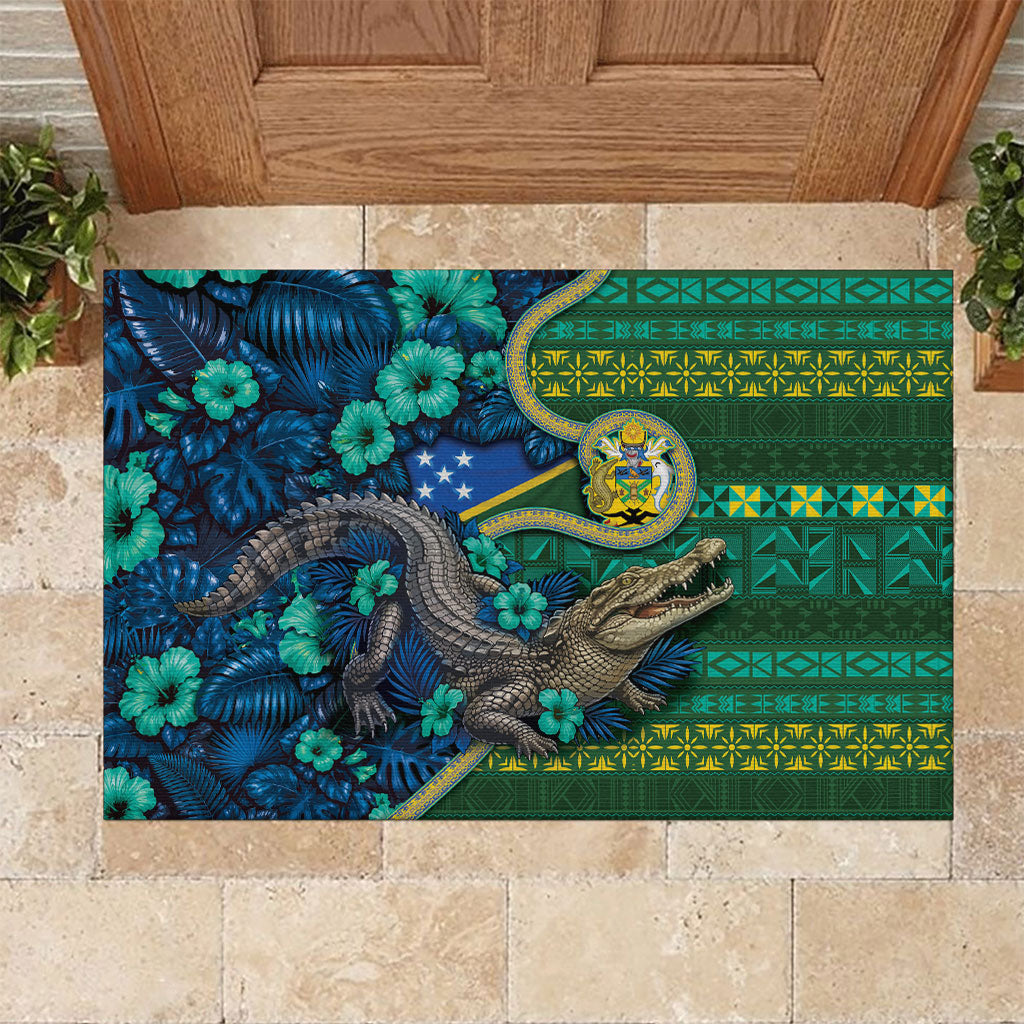 Solomon Islands Independence Day Rubber Doormat Crocodile Hibiscus Tribal Pattern