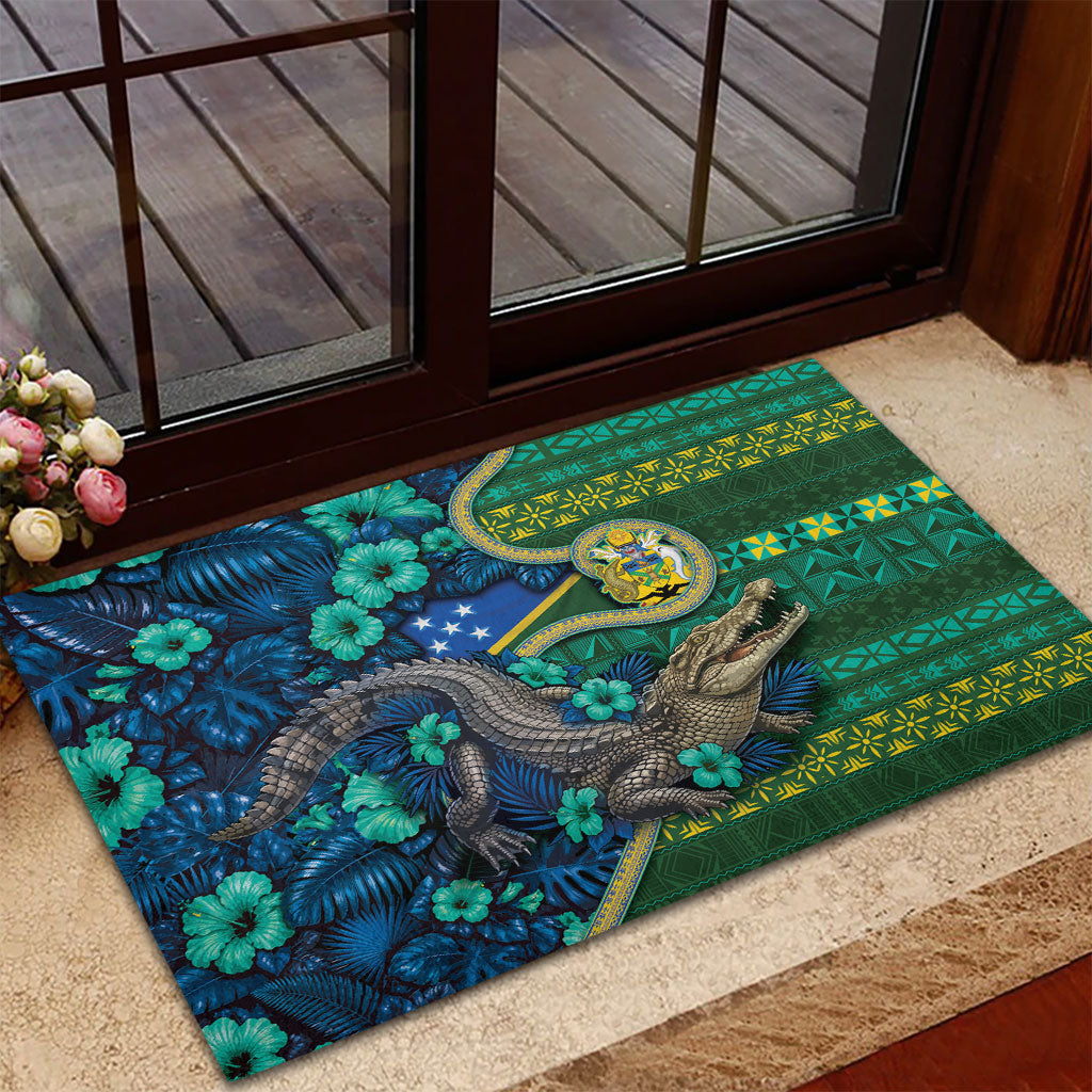 Solomon Islands Independence Day Rubber Doormat Crocodile Hibiscus Tribal Pattern