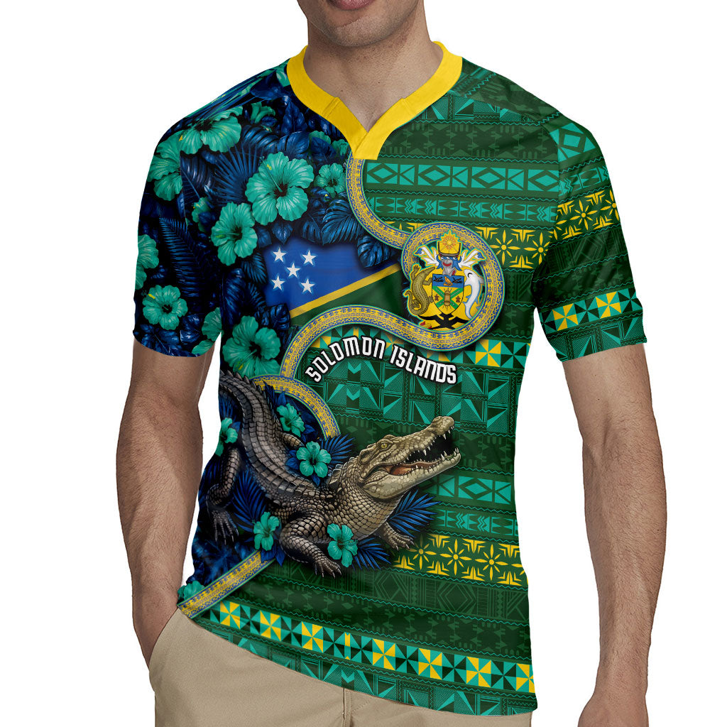 Personalised Solomon Islands Independence Day Rugby Jersey Crocodile Hibiscus Tribal Pattern