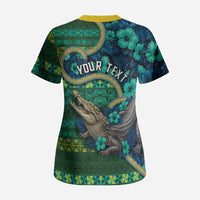 Personalised Solomon Islands Independence Day Scrub Top Crocodile Hibiscus Tribal Pattern