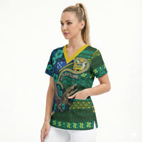 Personalised Solomon Islands Independence Day Scrub Top Crocodile Hibiscus Tribal Pattern