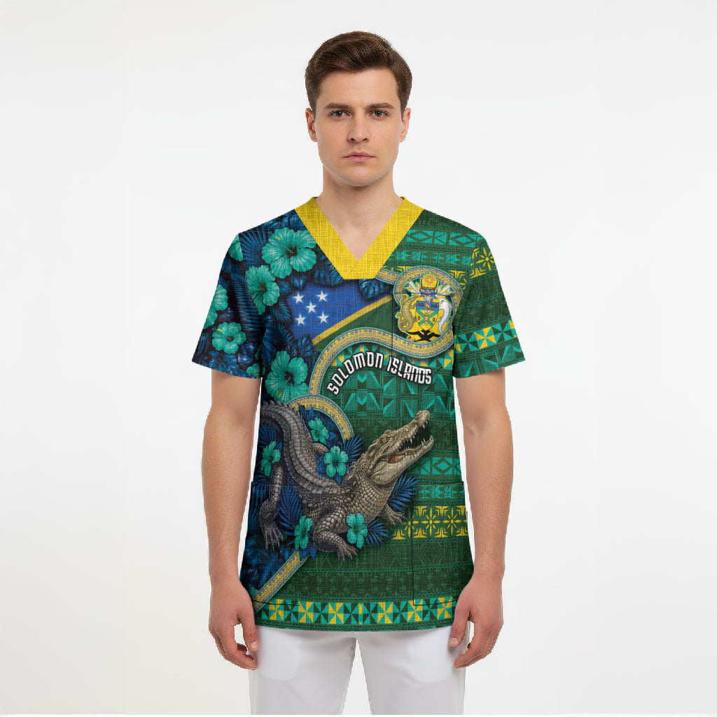 Personalised Solomon Islands Independence Day Scrub Top Crocodile Hibiscus Tribal Pattern