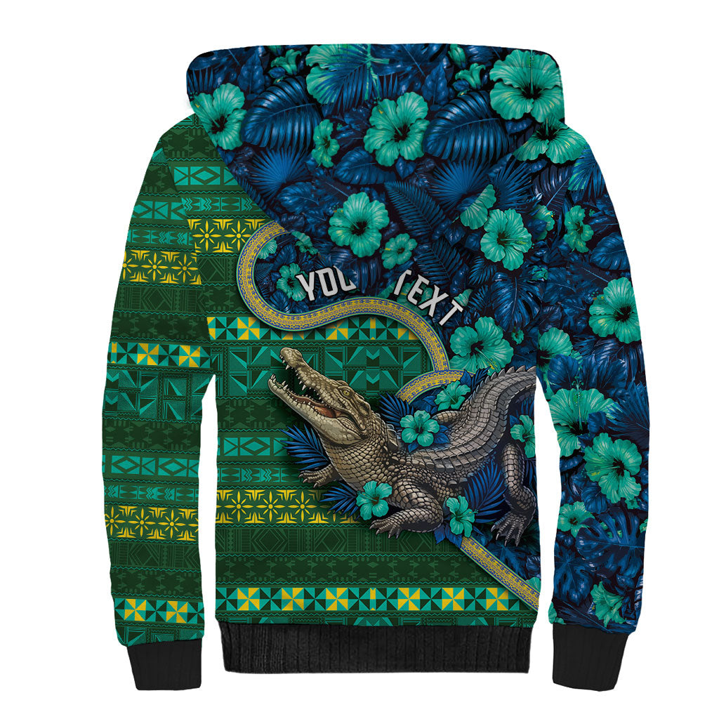Personalised Solomon Islands Independence Day Sherpa Hoodie Crocodile Hibiscus Tribal Pattern