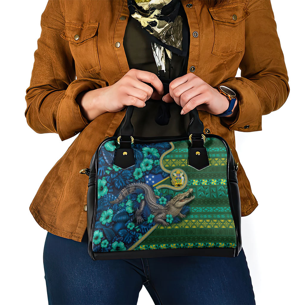 Solomon Islands Independence Day Shoulder Handbag Crocodile Hibiscus Tribal Pattern