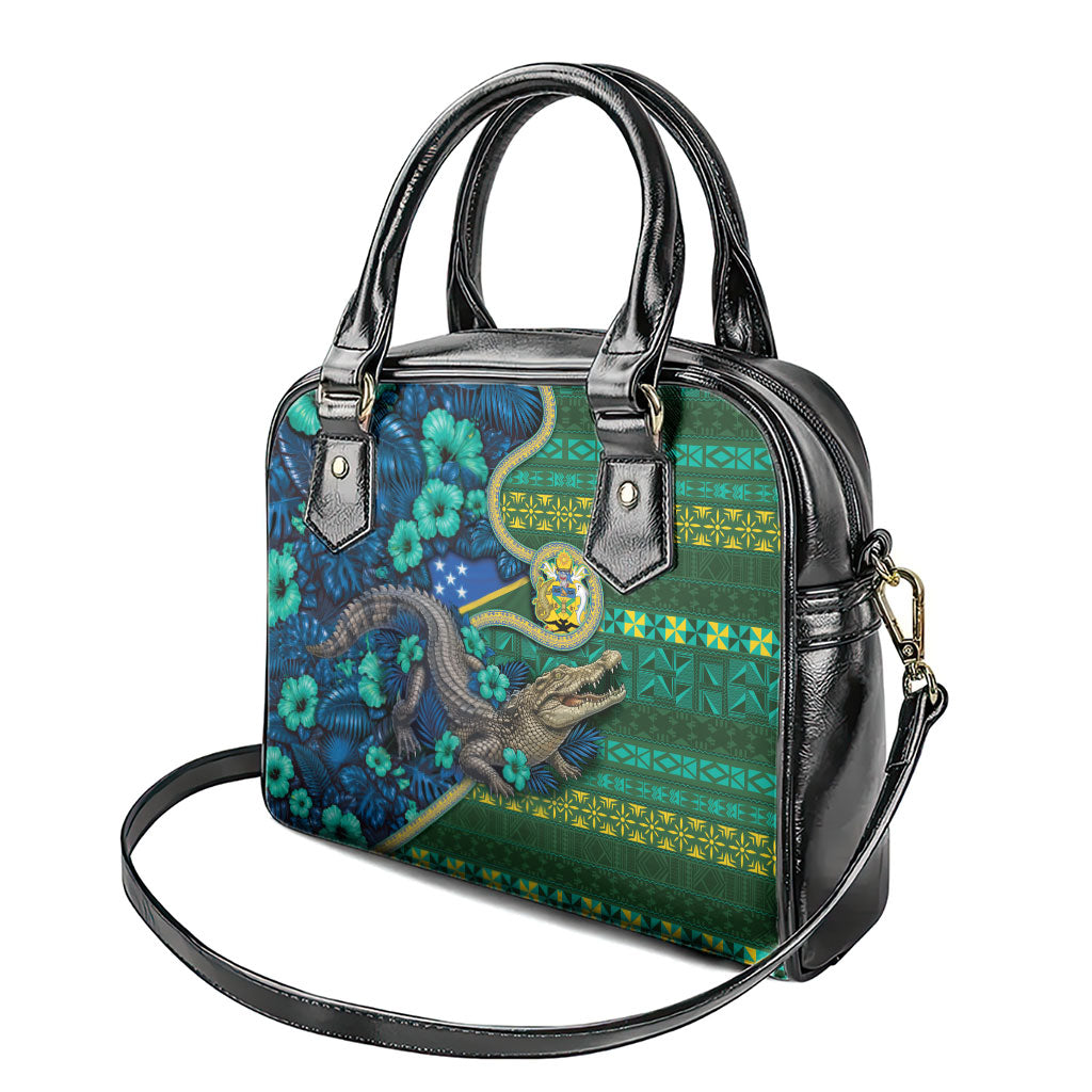 Solomon Islands Independence Day Shoulder Handbag Crocodile Hibiscus Tribal Pattern