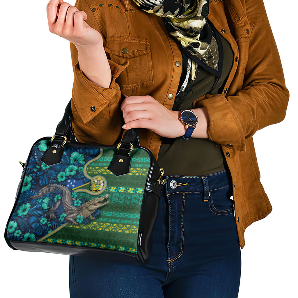 Solomon Islands Independence Day Shoulder Handbag Crocodile Hibiscus Tribal Pattern