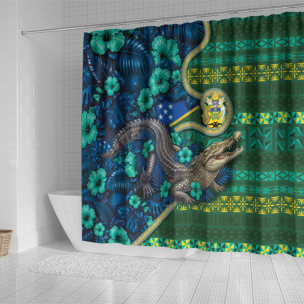 Solomon Islands Independence Day Shower Curtain Crocodile Hibiscus Tribal Pattern