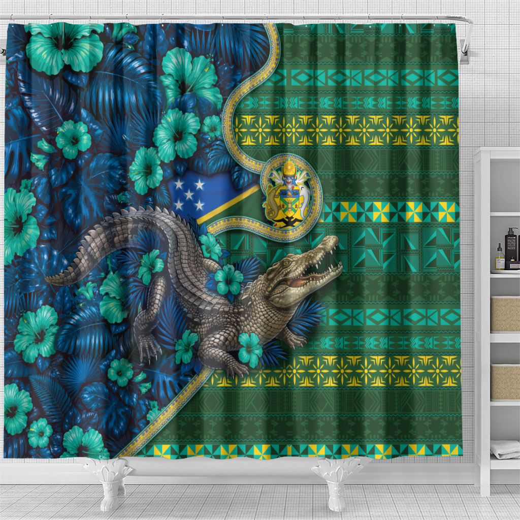 Solomon Islands Independence Day Shower Curtain Crocodile Hibiscus Tribal Pattern