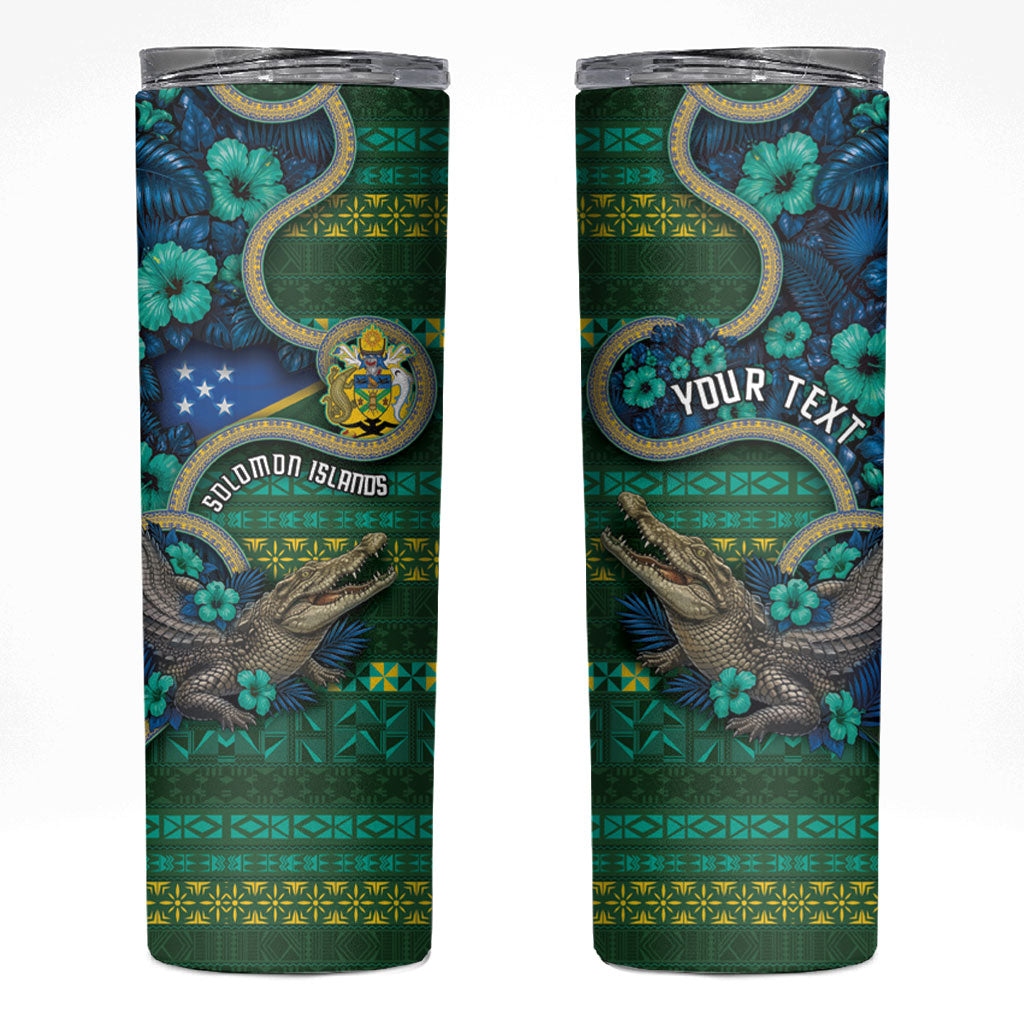 Personalised Solomon Islands Independence Day Skinny Tumbler Crocodile Hibiscus Tribal Pattern