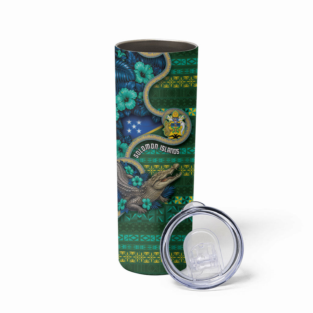 Personalised Solomon Islands Independence Day Skinny Tumbler Crocodile Hibiscus Tribal Pattern
