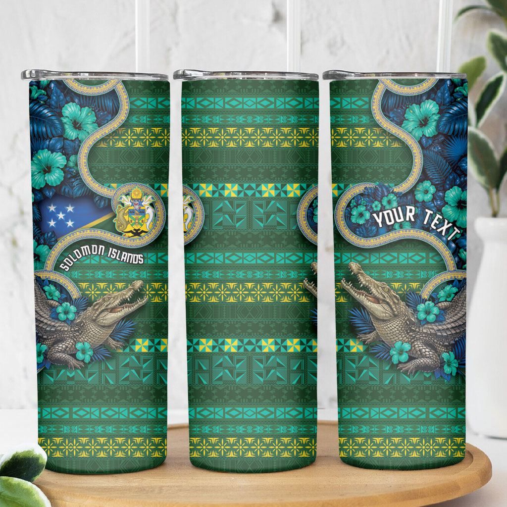 Personalised Solomon Islands Independence Day Skinny Tumbler Crocodile Hibiscus Tribal Pattern