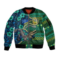 Personalised Solomon Islands Independence Day Sleeve Zip Bomber Jacket Crocodile Hibiscus Tribal Pattern