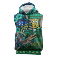 Personalised Solomon Islands Independence Day Sleeveless Hoodie Crocodile Hibiscus Tribal Pattern