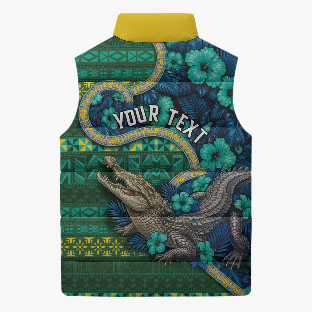 Personalised Solomon Islands Independence Day Sleeveless Puffer Jacket Crocodile Hibiscus Tribal Pattern