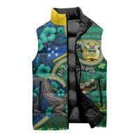 Personalised Solomon Islands Independence Day Sleeveless Puffer Jacket Crocodile Hibiscus Tribal Pattern
