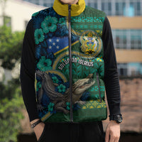 Personalised Solomon Islands Independence Day Sleeveless Puffer Jacket Crocodile Hibiscus Tribal Pattern
