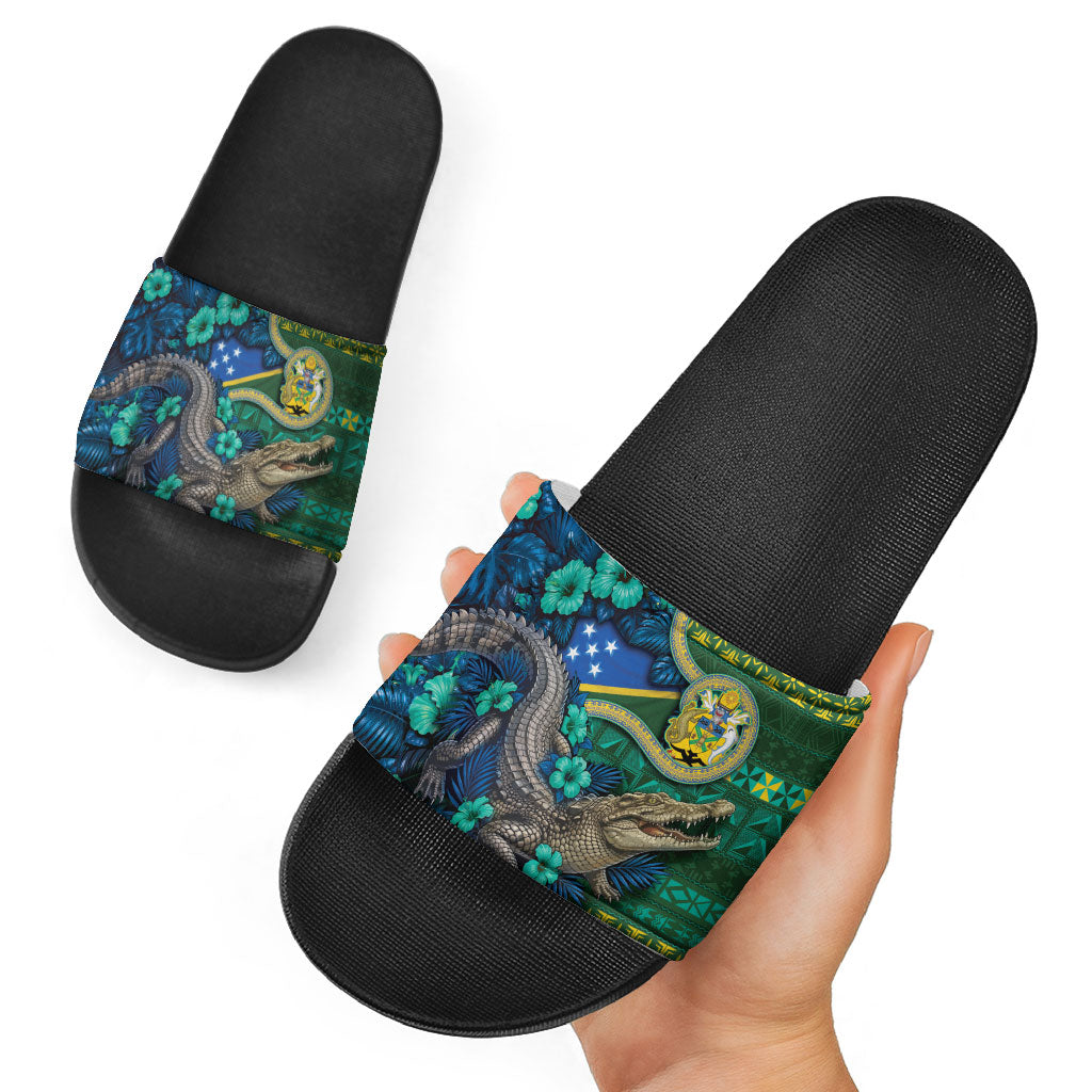Solomon Islands Independence Day Slide Sandals Crocodile Hibiscus Tribal Pattern