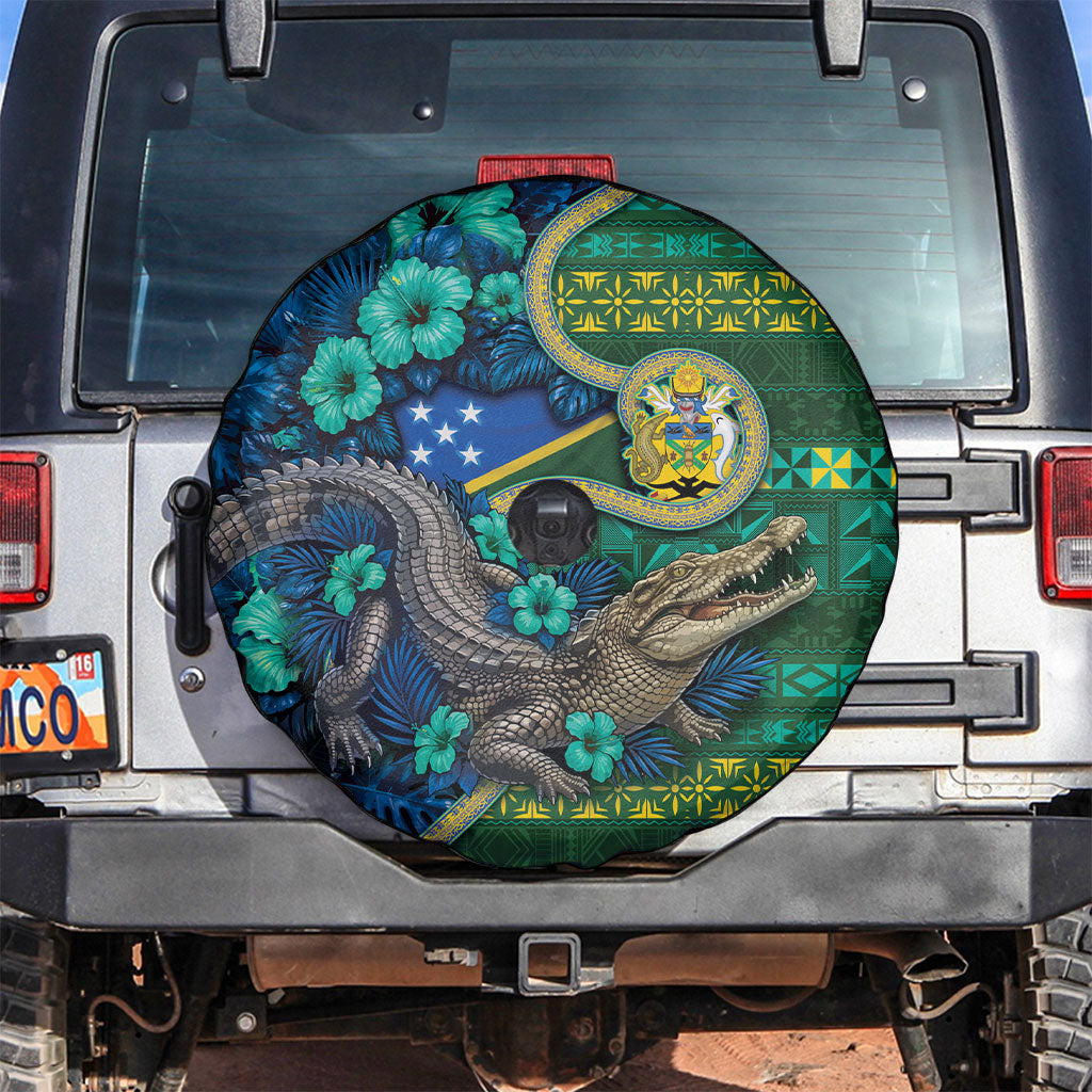 Solomon Islands Independence Day Spare Tire Cover Crocodile Hibiscus Tribal Pattern