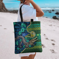 Solomon Islands Independence Day Tote Bag Crocodile Hibiscus Tribal Pattern