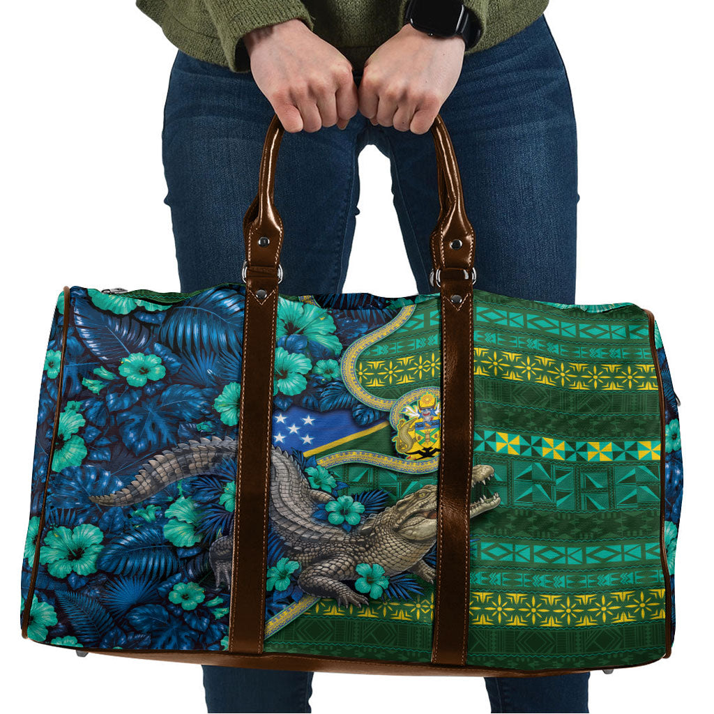 Solomon Islands Independence Day Travel Bag Crocodile Hibiscus Tribal Pattern