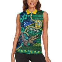Personalised Solomon Islands Independence Day Women Sleeveless Polo Shirt Crocodile Hibiscus Tribal Pattern