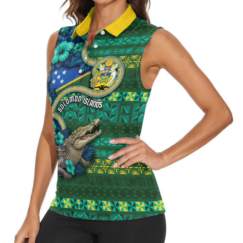 Personalised Solomon Islands Independence Day Women Sleeveless Polo Shirt Crocodile Hibiscus Tribal Pattern