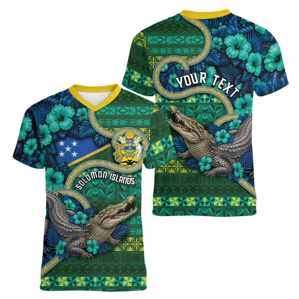 Personalised Solomon Islands Independence Day Women V-Neck T-Shirt Crocodile Hibiscus Tribal Pattern