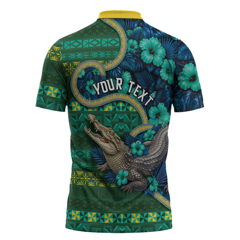 Personalised Solomon Islands Independence Day Zipper Polo Shirt Crocodile Hibiscus Tribal Pattern