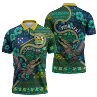 Personalised Solomon Islands Independence Day Zipper Polo Shirt Crocodile Hibiscus Tribal Pattern