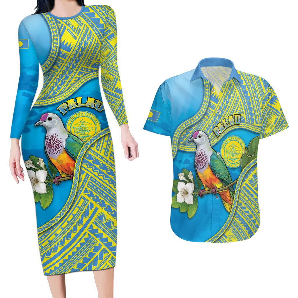 Personalised Palau Biib Bird Couples Matching Long Sleeve Bodycon Dress and Hawaiian Shirt Rur Flower And Rock Islands Patterns