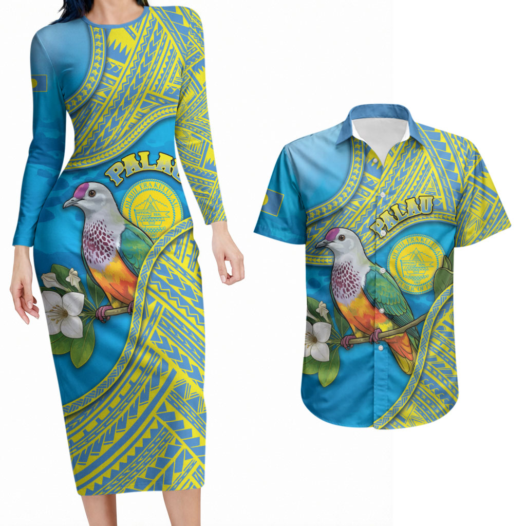 Personalised Palau Biib Bird Couples Matching Long Sleeve Bodycon Dress and Hawaiian Shirt Rur Flower And Rock Islands Patterns DT05 Blue - Polynesian Pride