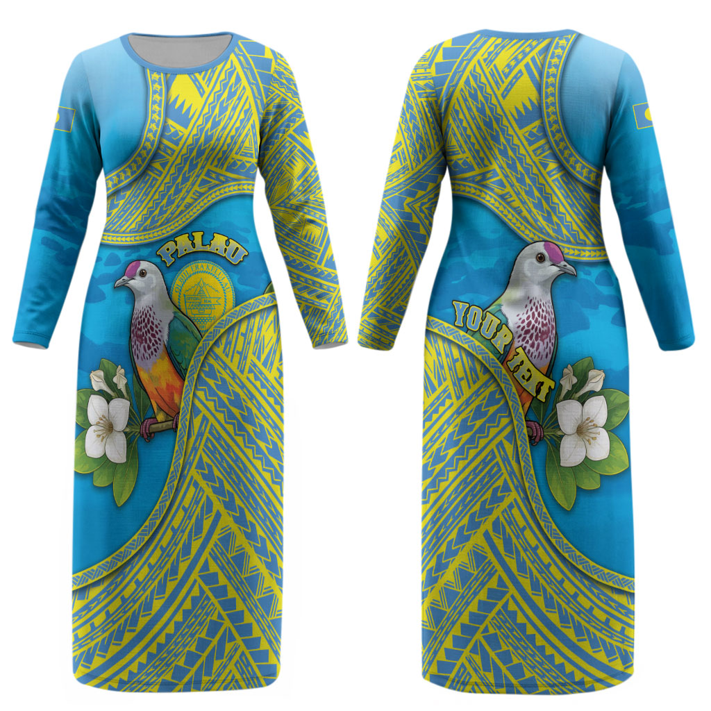 Personalised Palau Biib Bird Couples Matching Long Sleeve Bodycon Dress and Hawaiian Shirt Rur Flower And Rock Islands Patterns DT05 - Polynesian Pride