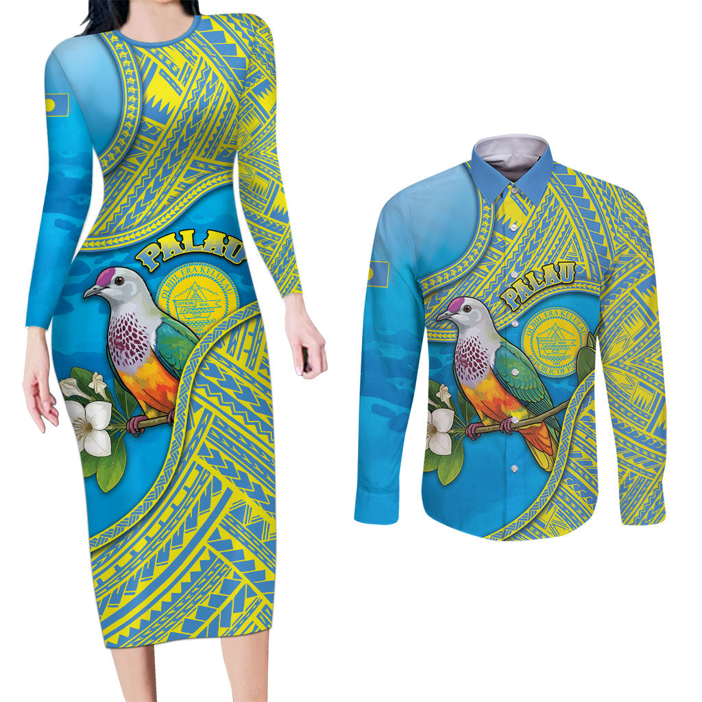 Personalised Palau Biib Bird Couples Matching Long Sleeve Bodycon Dress and Long Sleeve Button Shirt Rur Flower And Rock Islands Patterns