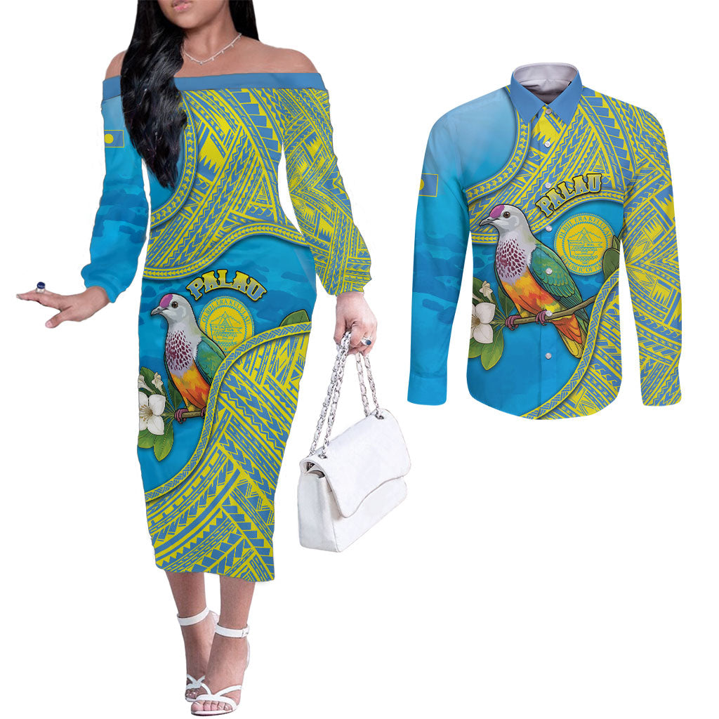 Personalised Palau Biib Bird Couples Matching Off The Shoulder Long Sleeve Dress and Long Sleeve Button Shirt Rur Flower And Rock Islands Patterns