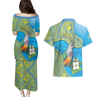 Personalised Palau Biib Bird Couples Matching Puletasi and Hawaiian Shirt Rur Flower And Rock Islands Patterns