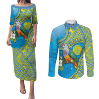 Personalised Palau Biib Bird Couples Matching Puletasi and Long Sleeve Button Shirt Rur Flower And Rock Islands Patterns