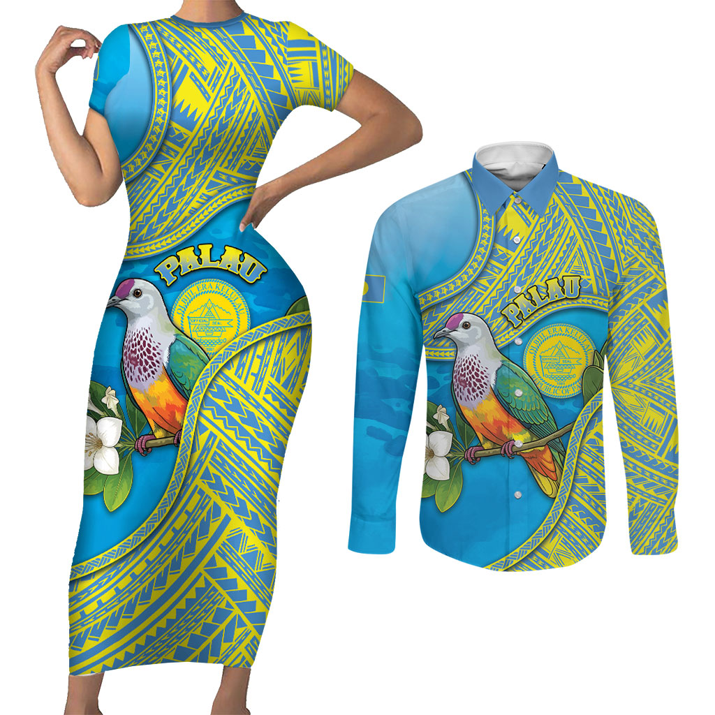 Personalised Palau Biib Bird Couples Matching Short Sleeve Bodycon Dress and Long Sleeve Button Shirt Rur Flower And Rock Islands Patterns