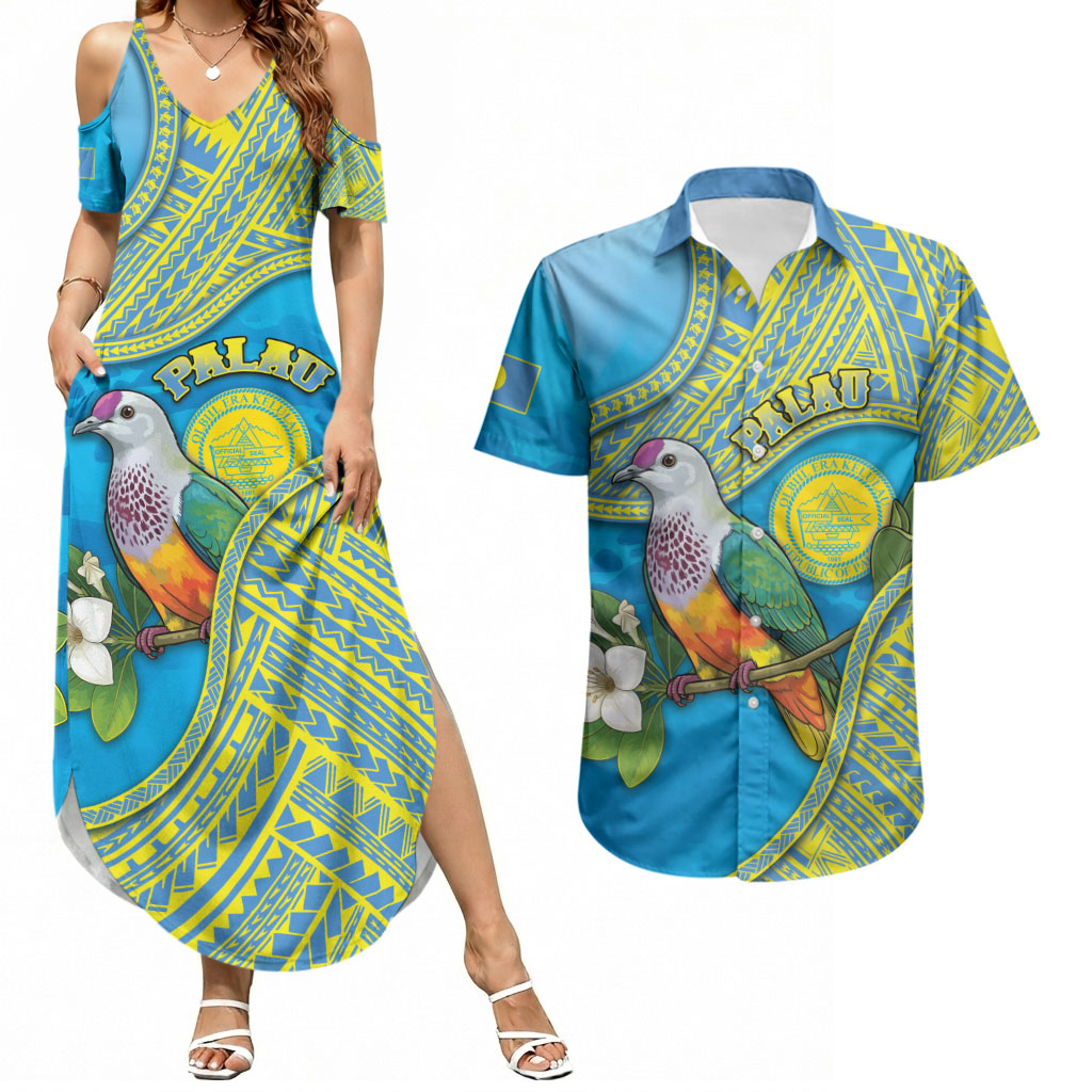 Personalised Palau Biib Bird Couples Matching Summer Maxi Dress and Hawaiian Shirt Rur Flower And Rock Islands Patterns DT05 Blue - Polynesian Pride