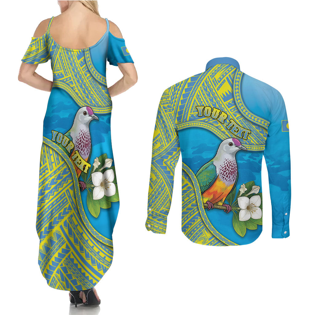 Personalised Palau Biib Bird Couples Matching Summer Maxi Dress and Long Sleeve Button Shirt Rur Flower And Rock Islands Patterns