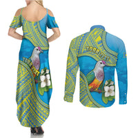 Personalised Palau Biib Bird Couples Matching Summer Maxi Dress and Long Sleeve Button Shirt Rur Flower And Rock Islands Patterns