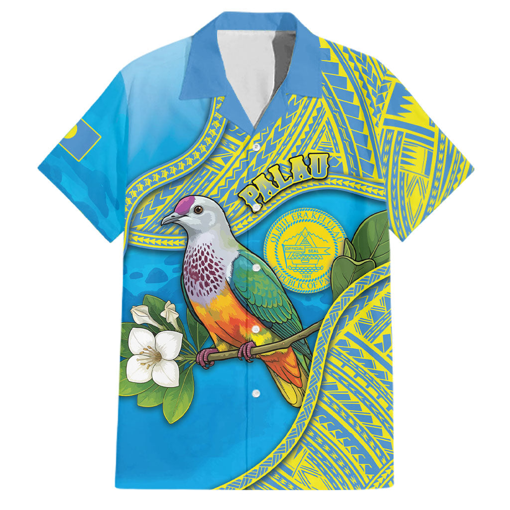 Personalised Palau Biib Bird Family Matching Off The Shoulder Long Sleeve Dress and Hawaiian Shirt Rur Flower And Rock Islands Patterns