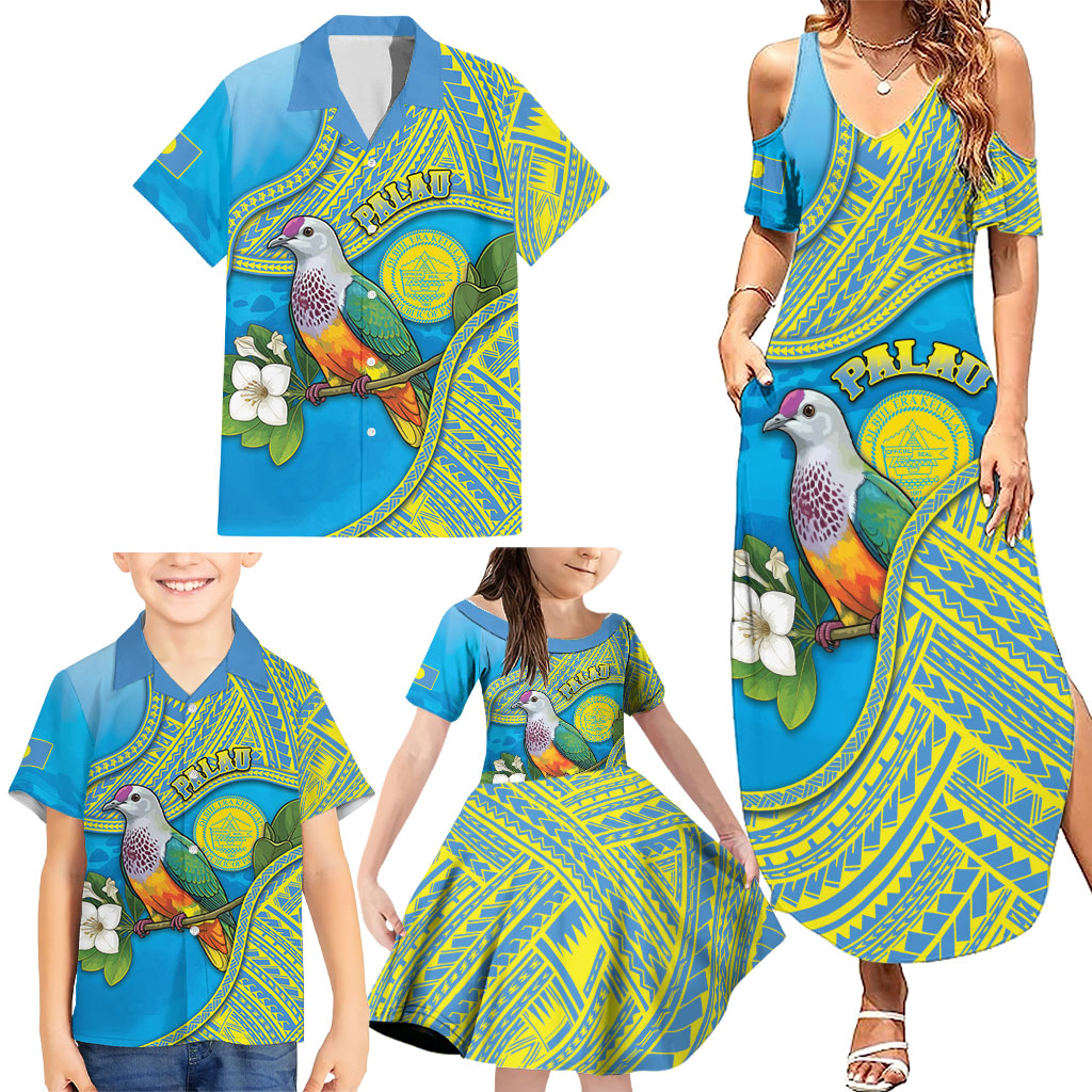 Personalised Palau Biib Bird Family Matching Summer Maxi Dress and Hawaiian Shirt Rur Flower And Rock Islands Patterns